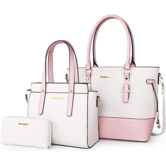 Handbags - Womens Beige & Pink 3PCS Purses Set Tote Bag Wallet & Shoulder Satchel Handbags